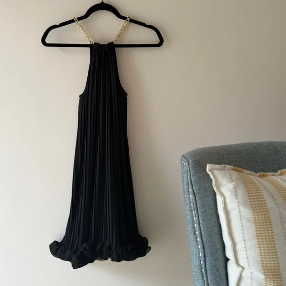 Rinascimento Made in Italy Pleated Gold Chain Halter Ruffled Mini Dress Small - Picture 2 of 5